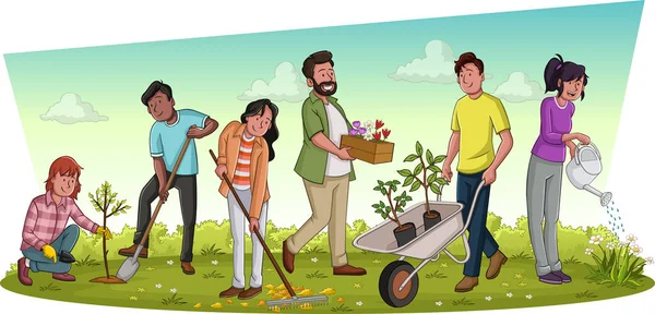 Мультиплікаційні Люди Садівництва Люди Працюють Саду Стокова Ілюстрація