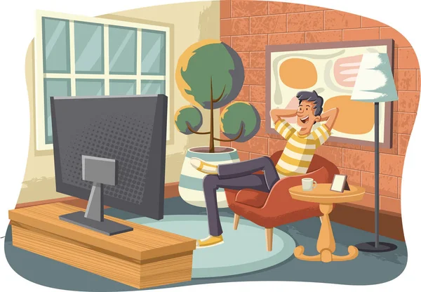 Cartoon Muž Sledování Televize Obývacím Pokoji Stock Vektory