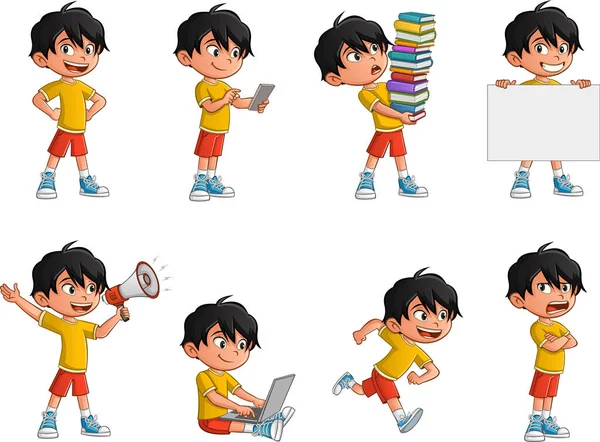Happy Cartoon Asijské Dítě Různých Činnostech Maskotský Chlapec Různými Pózami Stock Ilustrace