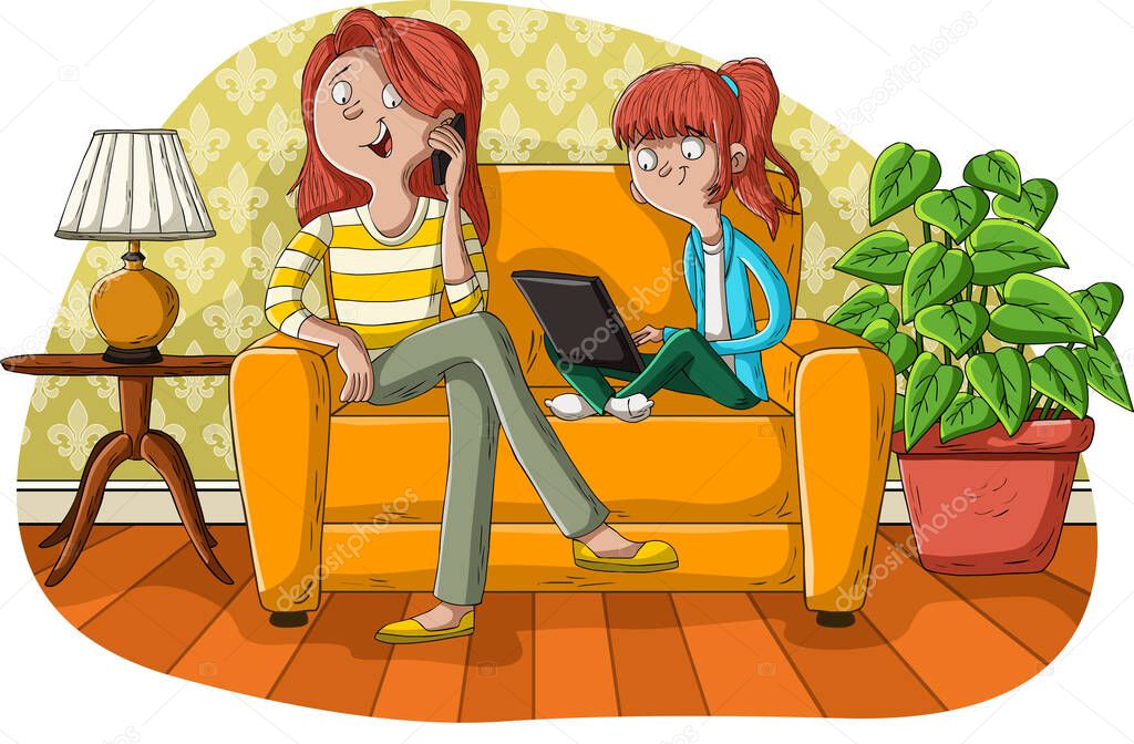 Mother and daughter in the living room with computer and cellphone.