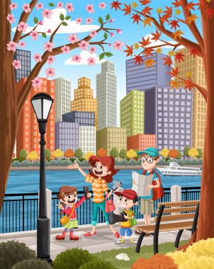 Cartoon family looking at the landscape view of a colorful city. Group of tourists in the city with buildings and river. 