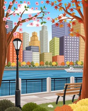 Landscape view of a cartoon colorful city. Park in the city with buildings and river. 