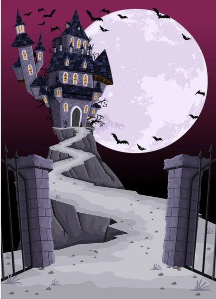 Scary Haunted House Full Moon Halloween Castle Background — Stock Vector