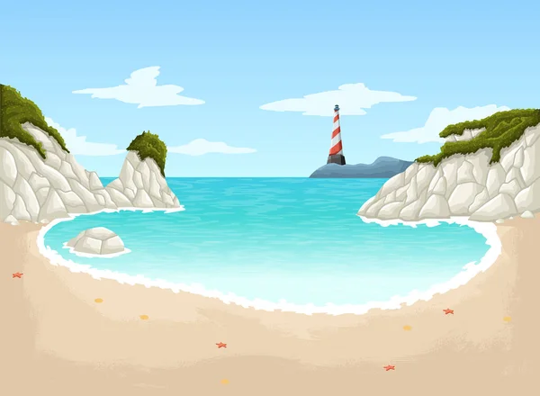 Beautiful Cartoon Beach Lighthouse Tropical Beach Blue Ocean — Stok Vektör