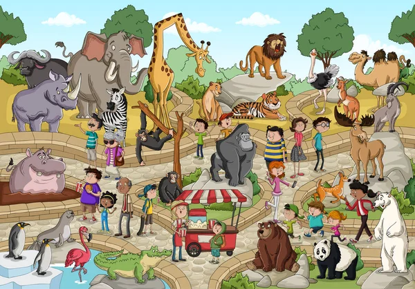 Zoo Avec Des Animaux Dessin Animé Les Gens Animaux Visiteurs — Image vectorielle