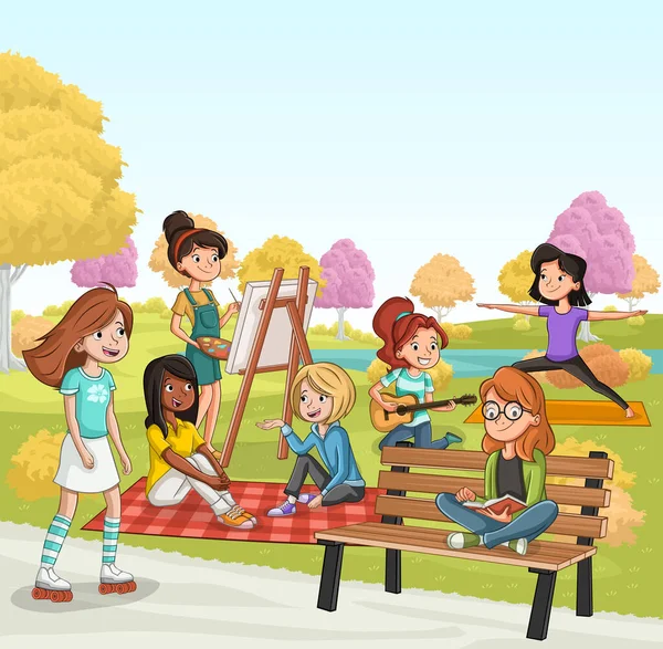 Gruppe Von Teenager Cartoons Park Mit Gras Und Bäumen Naturlandschaft — Stockvektor