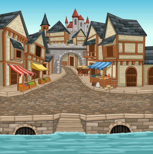 Cartoon Medieval Town Middle Age Village Ancient City — Wektor stockowy