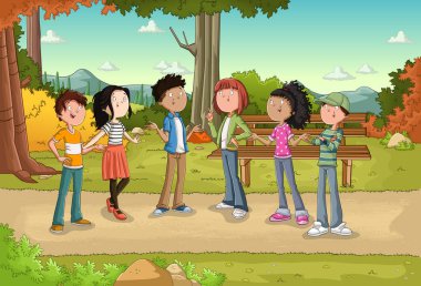 Çimenli ve ağaçlı bir parkta bir grup çizgi film genci. Doğa manzarası.