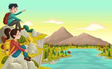 İnsanlar mavi gölün etrafındaki renkli ormanlara bakıyor. Yeşil parktaki çimleri ve ağaçları olan gençler. Doğa manzarası.