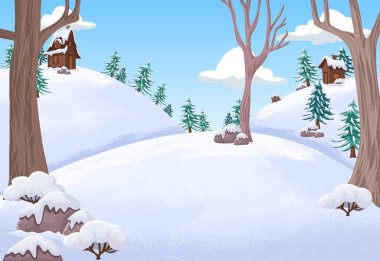Cartoon park with snow. Winter nature landscape.