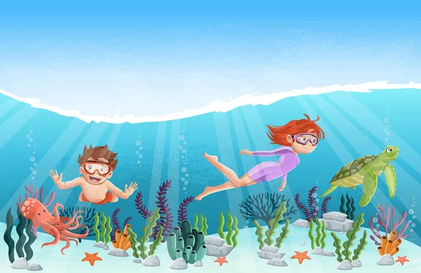 Cartoon Children Swimming Octopus Turtle Sea Underwater World Corals - Stok Vektor