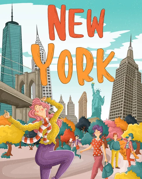 Cartoon people on New York City. Manhattan with skyscrapers and monuments.