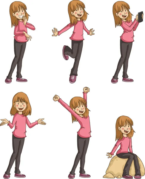 Happy Cartoon Girl Different Activities Mascot Girl Different Poses Emotions — Vector de stock