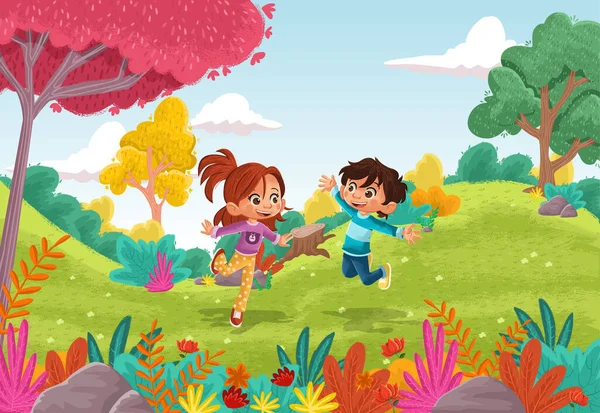 Enfants Jouant Dans Forêt Colorée Dessin Animé Enfants Parc Vert — Image vectorielle