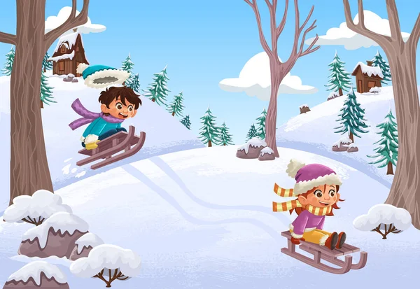 Cartoon Children Sledding Park Snow Kids Sleigh Winter Nature Landscape — Vettoriale Stock