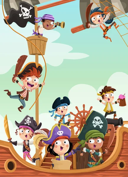 Piratas Dos Desenhos Animados Navio Mar —  Vetores de Stock