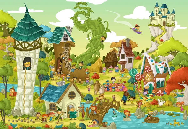 Magic world with fairy tale characters. Cartoon fantasy background village.