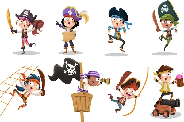 Grupo Piratas Desenhos Animados Com Espadas —  Vetores de Stock