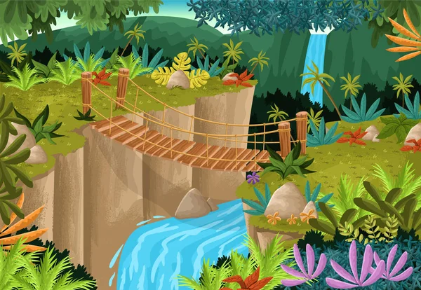 Rope Bridge Green Forest Waterfall Nature Landscape — Stockvector