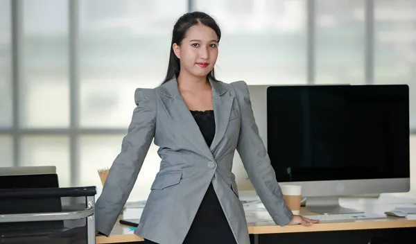 Young Attractive Asian Woman Grey Business Suit Standing Confidence Modern — Stock Photo, Image