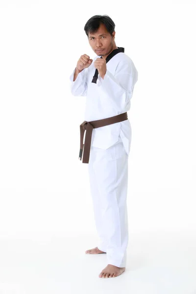 亚洲中年男子跆拳道空手道柔道运动员身穿制服 身披褐色腰带 站在镜头前 在白底前摆出强壮有力的姿势 — 图库照片