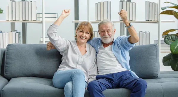 Caucasian old senior grandparents couple in casual wear gray bearded and hair husband and grandma wife sitting shouting smilingsatisfying cheering sport winning victory with excited action.