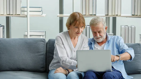 Caucasian old senior elderly grandparents lover couple in casual wear sitting together on couch in living room at home looking to laptop computer screen learning new lesson shopping online from store.