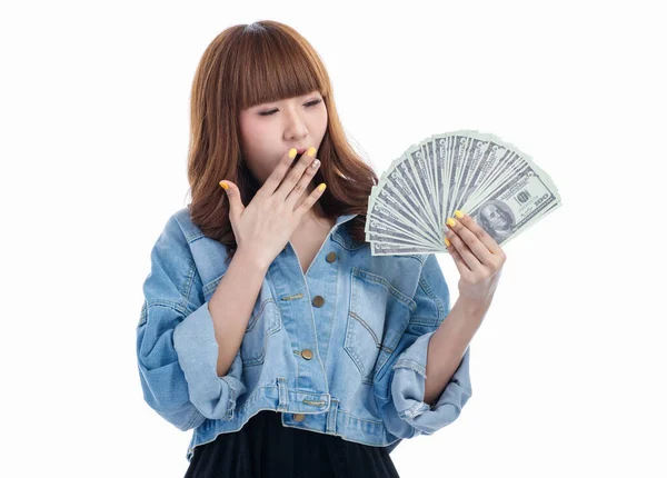Barna Haj Ázsiai Tartja Úgy Érzi Izgatott Amerikai Bankjegyek Hogy — Stock Fotó