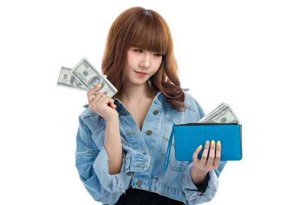 Yount Aranyos Milliomos Ázsiai Gyűjti Amerikai Bankjegyek Egy Kék Pénztárca — Stock Fotó