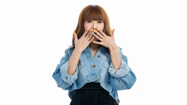 Lovely Cute Young Asian Woman Gagged Her Hands She Surprised — Stock Photo, Image