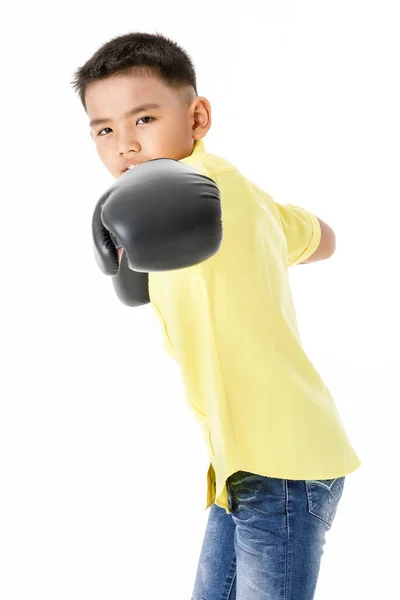 Cutout Porträtt Frisk Liten Asiatisk Pojke Gul Skjorta Bär Svarta — Stockfoto