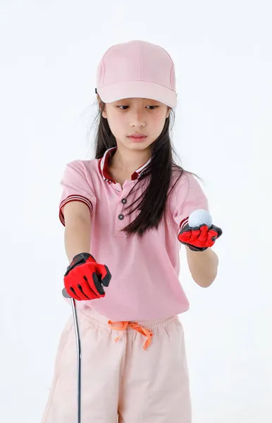 Закрити Ізольовану Студію Яча Гольфу Руці Азіатського Маленького Професійного Дівчатка — стокове фото