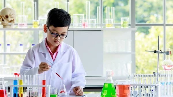 現代の学校の研究室で科学研究を行いながら ドロッパーとチューブ混合カラフルな試薬と研究室のコートとメガネで深刻なアジアの少年 — ストック写真