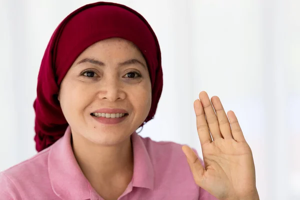 Retrato Recorte Animado Mulher Asiática Feliz Como Paciente Câncer Mama — Fotografia de Stock