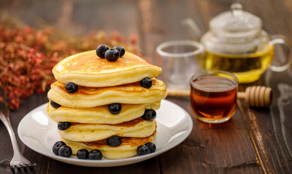 Sweet Food Stack Delicious Pancakes Fork Rests Blueberries Honey Teapot — Stock Photo, Image