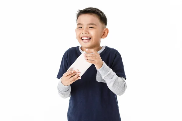 Härligt Cutout Porträtt Ung Frisk Asiatisk Pojke Grå Tröja Och — Stockfoto