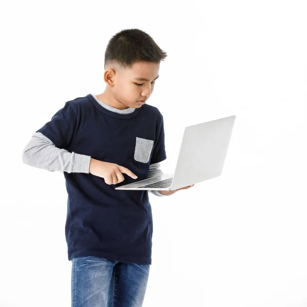 Cutout Porträtt Smart Asiatisk Pojke Grå Tröja Och Denim Blå — Stockfoto