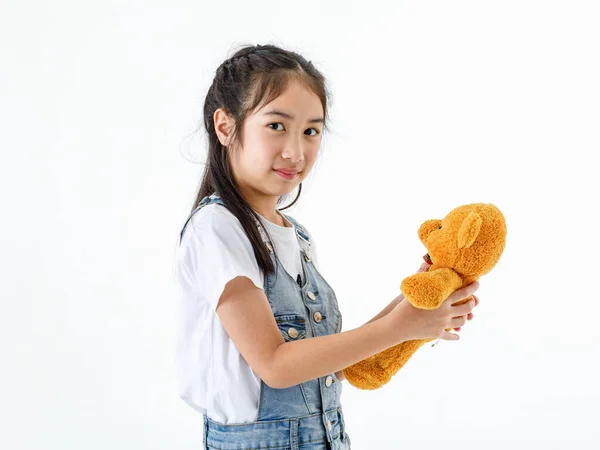 Retrato Cerca Aislado Estudio Disparo Asiático Feliz Chica Azul Jeans —  Fotos de Stock