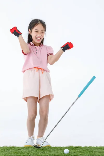 Aislado Estudio Tiro Feliz Pequeño Golfista Asiático Deporte Atleta Uniforme — Foto de Stock