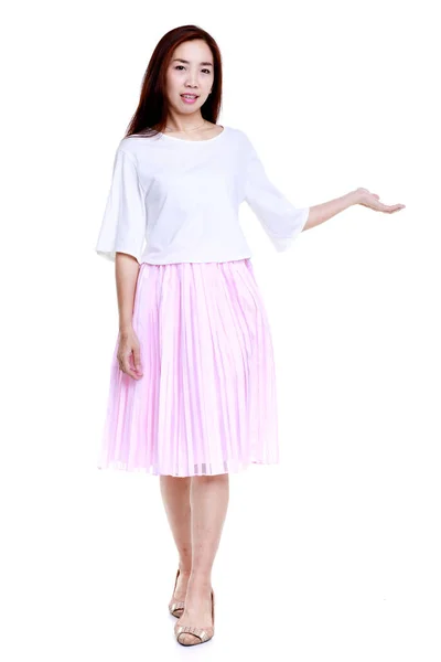 Full Body Smiling Young Asian Female White Blouse Pink Skirt — Stock Photo, Image