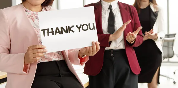 Group Businesspeople Join Together Greeting Hold Thank You Word Sign — Stock Photo, Image