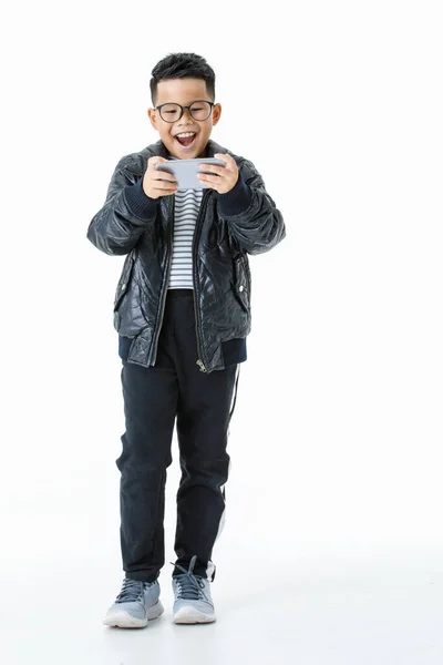 Прекрасный Портрет Умный Молодой Здоровый Азиатский Мальчик Очках Казуальная Черная — стоковое фото