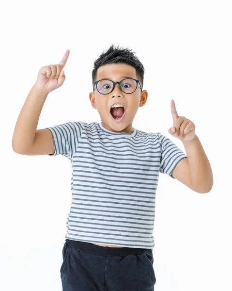 Roligt Utklippt Porträtt Ung Frisk Asiatisk Pojke Bär Glasögon Och — Stockfoto