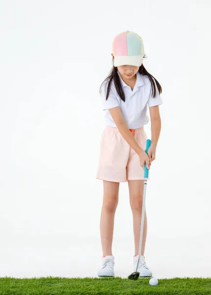 Ritratto Isolato Studio Colpo Carino Piccolo Golfista Asiatico Sport Uniforme — Foto Stock