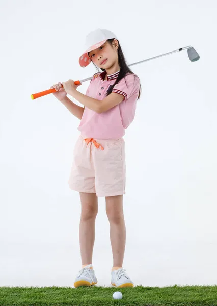 Studio Colpo Piuttosto Carino Lungo Capelli Piccolo Golfista Asiatico Sport — Foto Stock