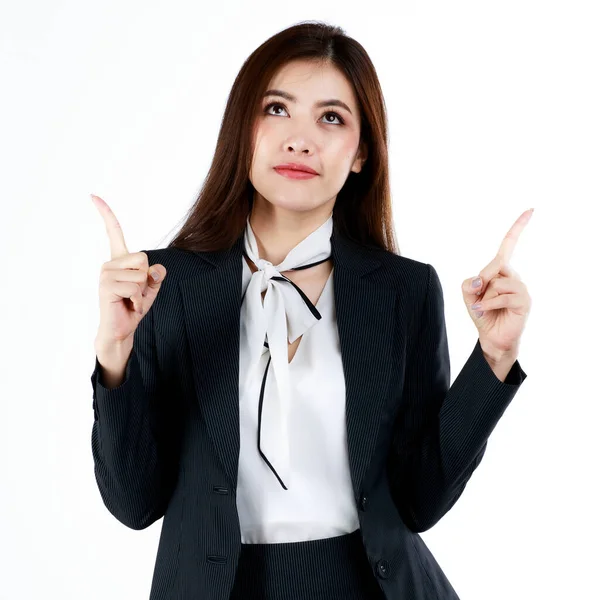 Porträtt Ung Asiatisk Affärskvinna Formell Kostym Poserar Och Pekar Finger — Stockfoto