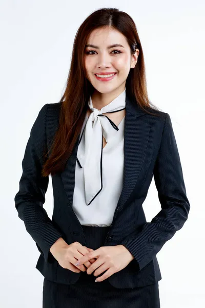 Porträtt Ung Asiatisk Affärskvinna Formell Svart Kostym Klänning Poserar Med — Stockfoto