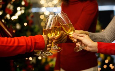 Gala partisinde grup başarısını ve neşeli ilişkiyi kutlamak için bayram etkinliğini başlatmak için birlikte süveter tokuşturup içki içen kadınlar. Eski tarz imaja uyması için biraz gürültü ekleyin..