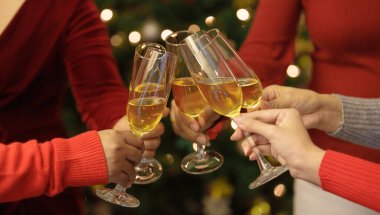 Gala partisinde grup başarısını ve neşeli ilişkiyi kutlamak için bayram etkinliğini başlatmak için birlikte süveter tokuşturup içki içen kadınlar. Eski tarz imaja uyması için biraz gürültü ekleyin..