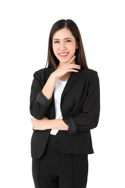 Asiatische Junge Lange Braune Haare Erfolgreiche Schöne Geschäftsfrau Trägt Schwarzen — Stockfoto